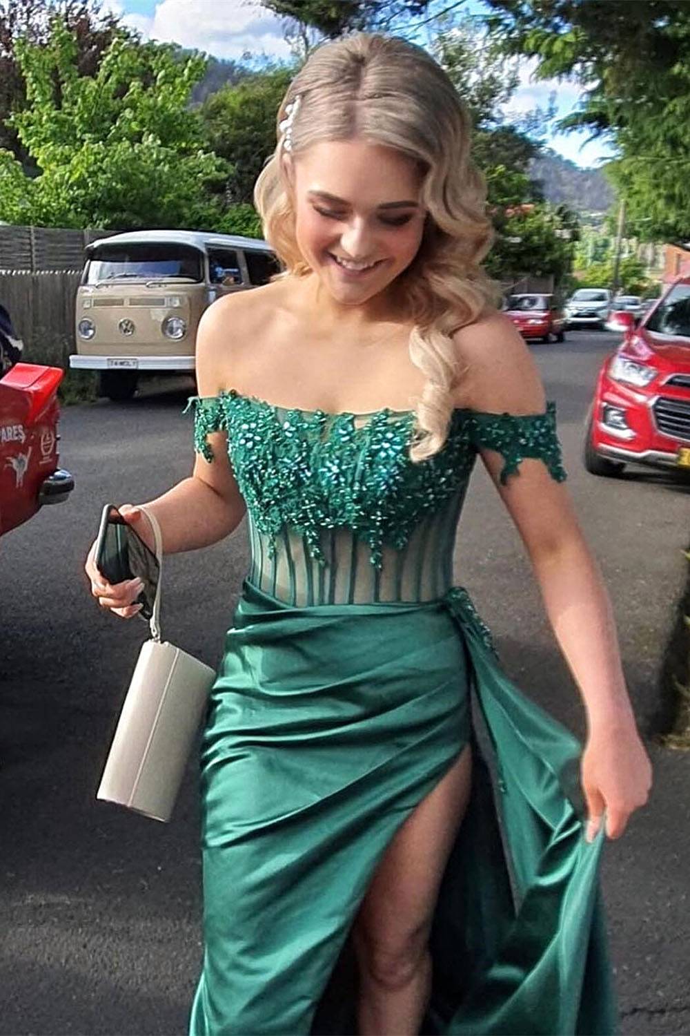 Satin Off the Shoulder Sheath Long Prom Dress with Appliques