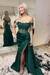 Satin Off the Shoulder Sheath Long Prom Dress with Appliques