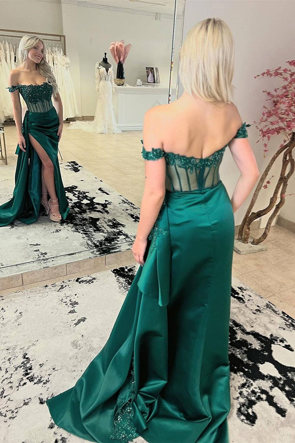 Satin Off the Shoulder Sheath Long Prom Dress with Appliques