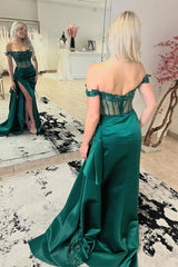 Satin Off the Shoulder Sheath Long Prom Dress with Appliques