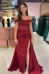 Satin Off the Shoulder Sheath Long Prom Dress with Appliques