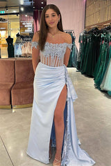 Satin Off the Shoulder Sheath Long Prom Dress with Appliques