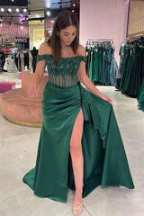 Satin Off the Shoulder Sheath Long Prom Dress with Appliques