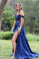 Satin Off the Shoulder Sheath Long Prom Dress with Appliques