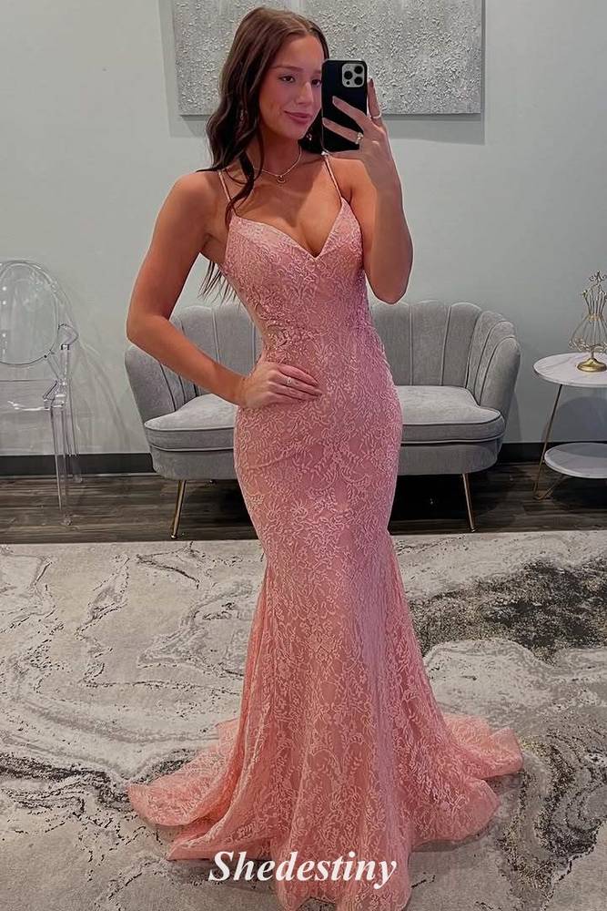 V-Neck Rose Pink Long Mermaid Lace Applique Prom Dress