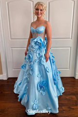 Spaghetti Straps 3D Flower Blue Sheer Corset A-Line Prom Dress