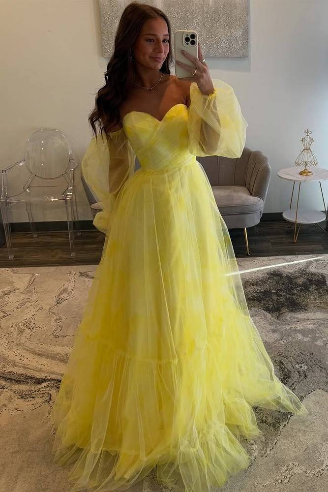 A-Line Sweetheart Yellow Prom Dress with Tulle Sleeves