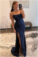 Navy Blue Sequin Lace-Up Back Long Prom Dress with Slit
