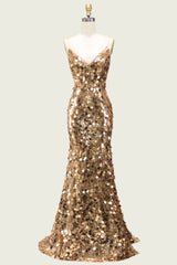 V-Neck Mermaid Stretchy Sequins Gold Prom Dress with Lace-Up