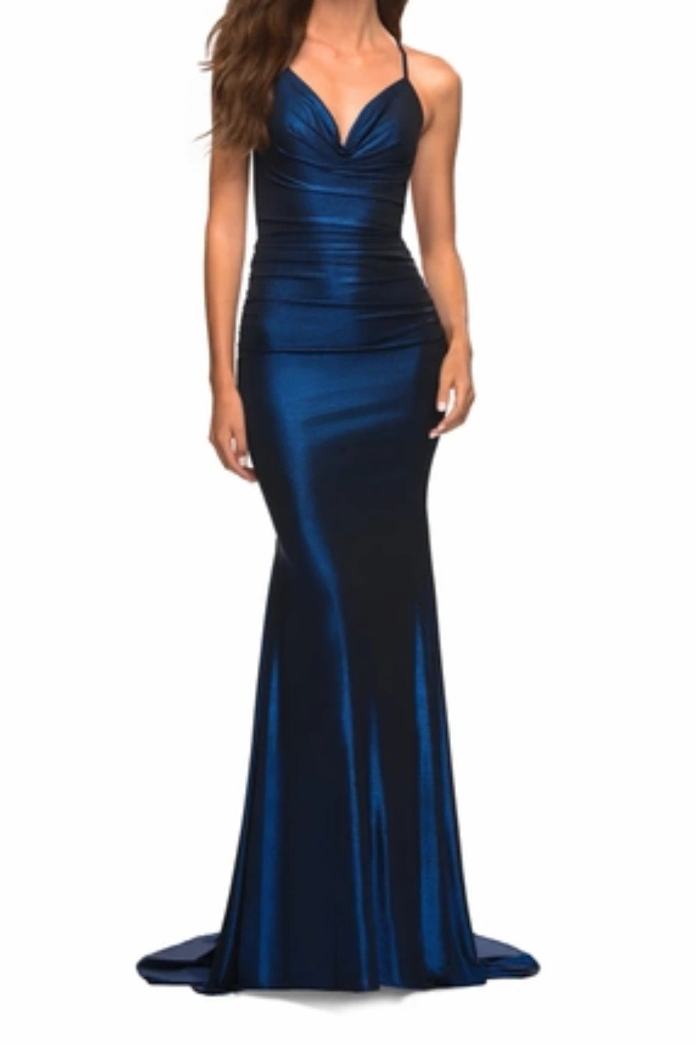Sexy Dark Navy Mermaid V-Neck Prom Formal Dress with Open Back
