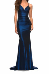 Sexy Dark Navy Mermaid V-Neck Prom Formal Dress with Open Back