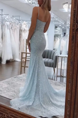 Light Blue Sequin Sweetheart Mermaid Long Prom Dress