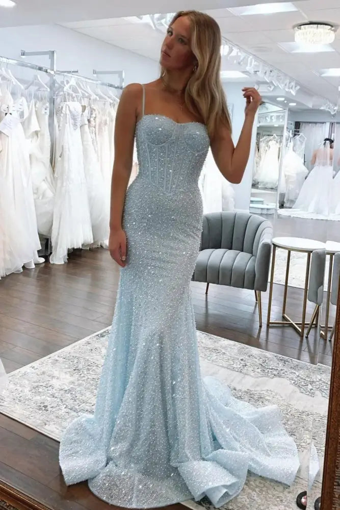 Light Blue Sequin Sweetheart Mermaid Long Prom Dress