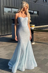 Light Blue Sequin Sweetheart Mermaid Long Prom Dress