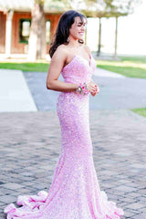 Candy Pink Sequins Strapless Trumpet Long Prom Dress