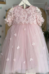 Cute Flower Girl Dress Pink 3D Flower Beaded Scoop Neck