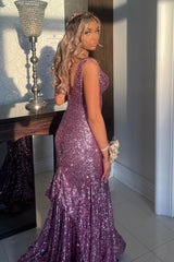 Lilac Elegant Sequins V-Neck Mermaid Evening Long Dress