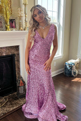 Elegant Sequins V-Neck Mermaid Evening Long Dress