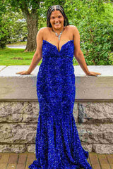 Royal Blue Sequins Strapless Trumpet Long Prom Dress