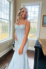 Light Blue Sequin Sweetheart Mermaid Long Prom Dress