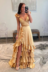 Ruffle A-Line V Neck Hot Pink Satin Prom Dress with Slit