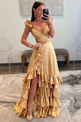Ruffle A-Line V Neck Hot Pink Satin Prom Dress with Slit