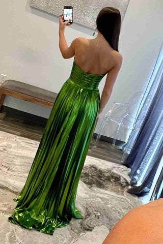 Green Sweetheart Pleated Metallic Long Formal Gown with Slit