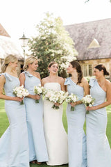 Blue One Shoulder Sheath Long Bridesmaid Dress