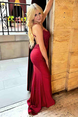 Lace Backless Mermaid Red Long Prom Dress