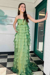 Mint Green Strapless A Line Tiered Ruffles Long Formal Dress