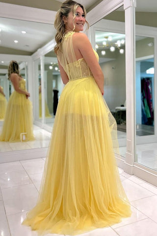 Asymmetrical A-Line Tulle Long Prom Dress with Petal