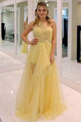 Asymmetrical A-Line Tulle Long Prom Dress with Petal