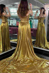 Gold A-Line Keyhole Beaded Off-Shoulder Prom Dress with High Slit