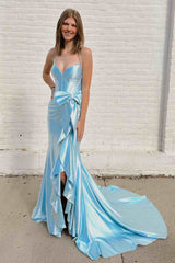 Light Blue Spaghetti Strap Mermaid Long Dress with Slit