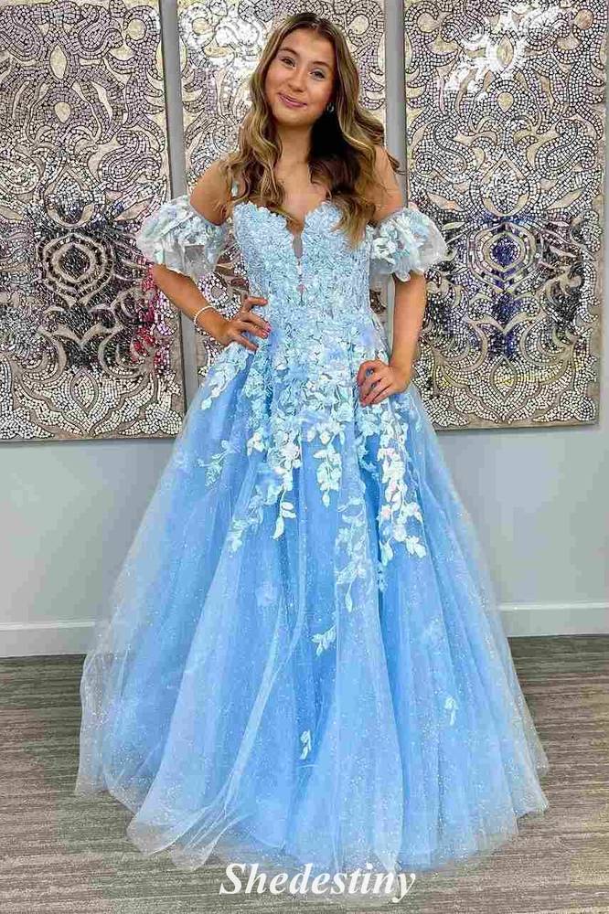 Glitter Applique Light Blue Sweetheart Prom Dress with Detachable Sleeves 