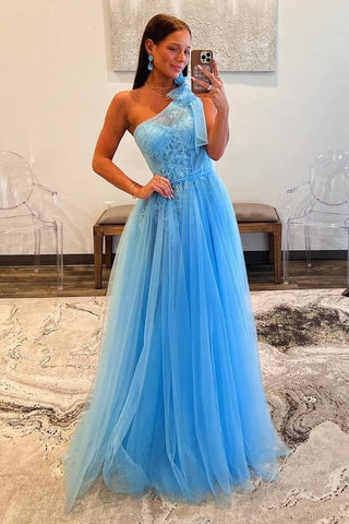 Asymmetrical One Shoulder A-Line Tulle Long Prom Dress with Applique