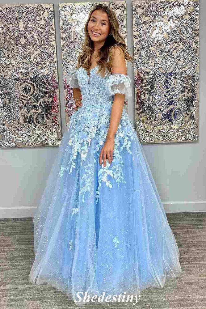 Applique Light Blue Sweetheart Prom Dress with Detachable Sleeves 