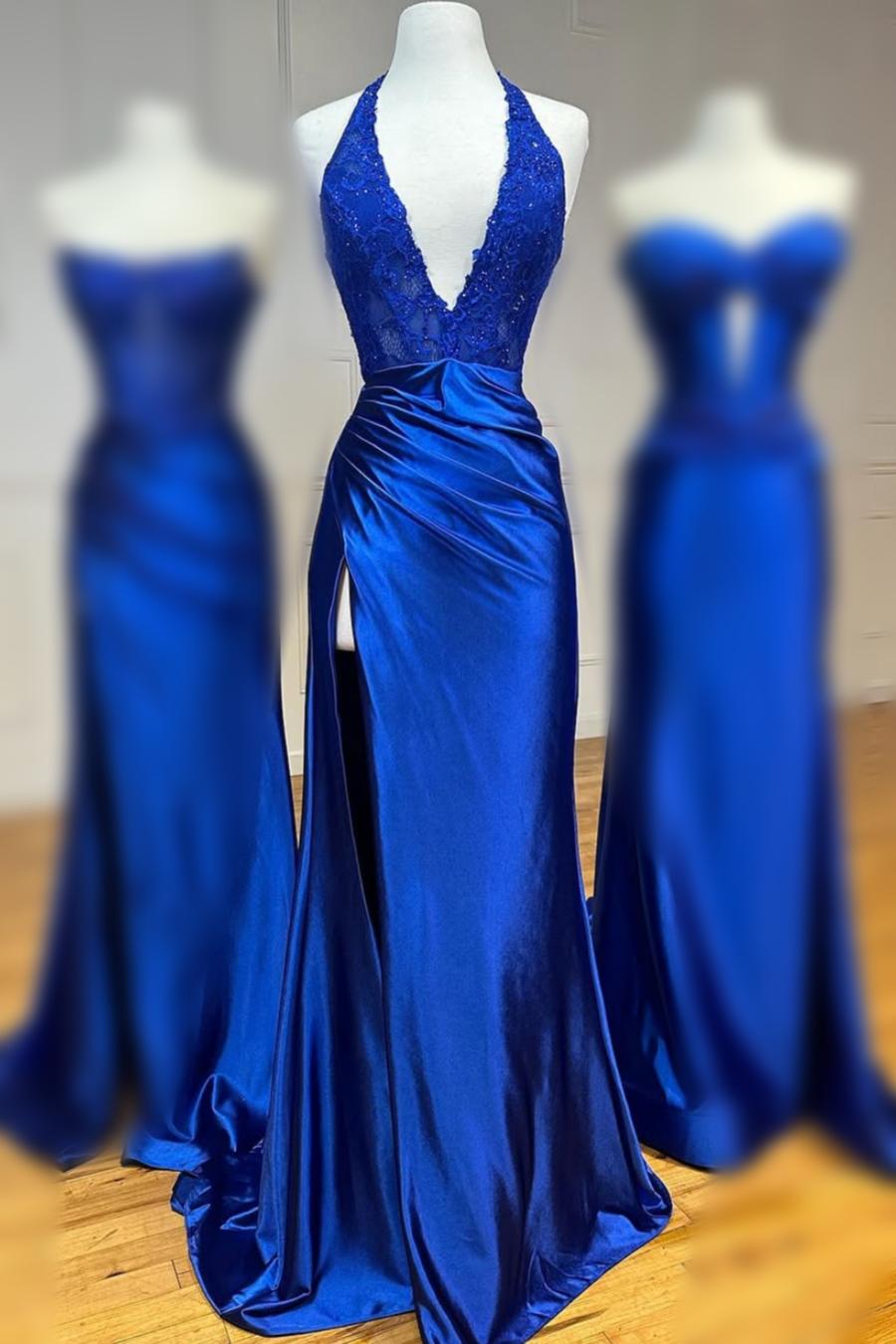 Black Halter Pleated Mermaid Long Formal Dress with Slit