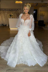 Luxury White Sweetheart Neckline A Line Tulle Long Bridal Gown