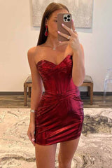 Fuchsia Strapless Bodycon Pleat Elastic Satin Homecoming Dress