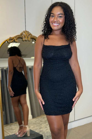 Black Beaded Lace-up Tight Homecoming Dress with Rhinestone