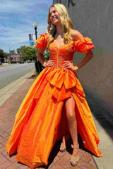 Bright Orange Puff Off the Shoulder A-Line Prom Dress with Slit