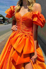 Bright Orange Puff Off the Shoulder A-Line Pleated Prom Dress with Slit