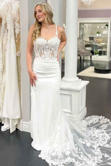 White Sweetheart Mermaid Court Train Lace Wedding Dress With Appliques