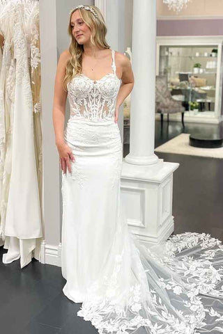 White Sweetheart Mermaid Court Train Lace Wedding Dress With Appliques