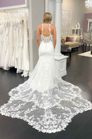 White Sweetheart Mermaid Court Train Lace Wedding Dress With Appliques