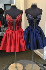 Red Plunging V Neck A-Line Homecoming Dress with Rhinestones