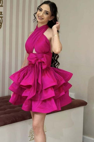 Keyhole Halter A-Line Tiered Ruffles Fuchsia Homecoming Dress with Bow