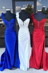 Royal Blue Applique One Shoulder Mermaid Long Formal Gown with Slit