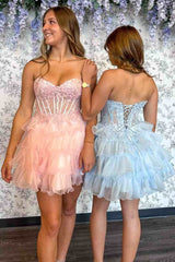 Light Blue Strapless Ruffle Short Homecoming Dress with Applique